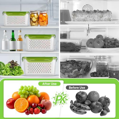 4Pack Fruit Storage Container for Fridge with Colander and Vent - Green