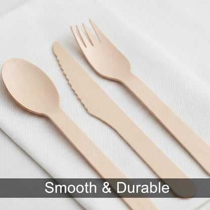 (150 Count) Disposable Wooden Cutlery Set - Alternative to Plastic, Eco Friendly, Biodegradable, Compostable Cutlery Set - 50 Wood Spoons, 50 Wooden Knives & 50 Wooden Forks Disposable Utensils Set