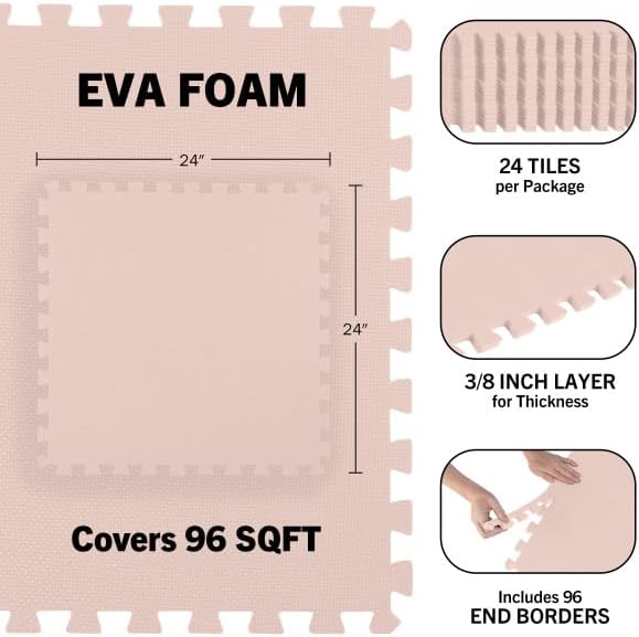 Foam Floor Tiles - 96sqft Soft Nontoxic Baby Play Mat - Interlocking Puzzle Mat for Baby, Kids Playroom, or Home Gym Flooring by Stalwart (Light Pink)