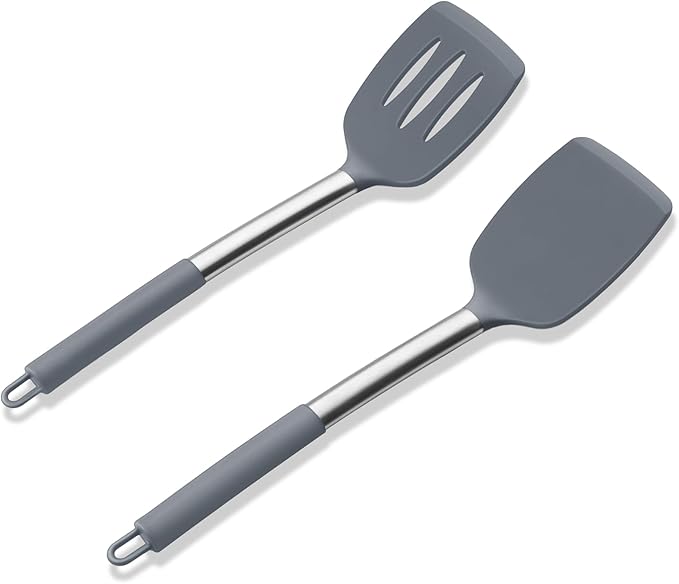 Silicone Spatula Set of 2, E-far Solid & Slotted Turner