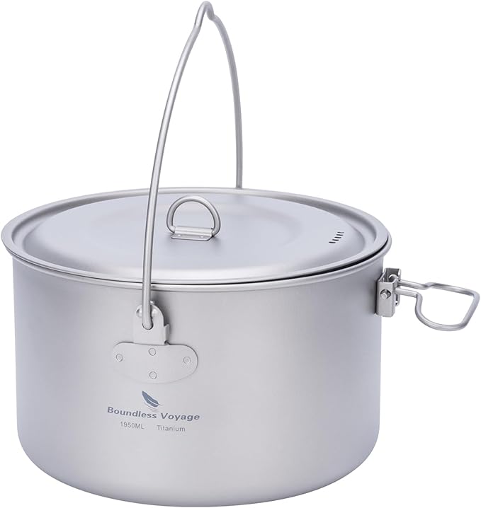 Boundless Voyage Titanium Hanging Pot for Outdoor Camping Backpacking Hiking Ultralight Portable Cooking Pot Camp Kitchen Cookware 1300ML/1950ML/2900ML