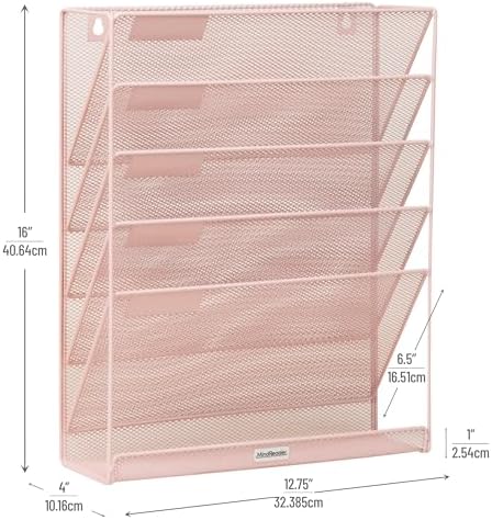 Mind Reader 5-Pocket Vertical File Storage, Desktop Organizer, Wall Mount, Office, Metal Mesh, Pink