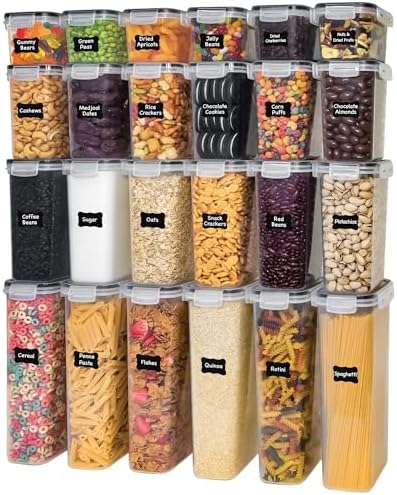 Freshware Kitchen Storage Containers with Lids, 48 PCS Airtight Food Storage Containers, Plastic Kitchen Containers, Pantry Containers for Cereal, Dry Food, Includes Labels, Marker & Measuring Spoons
