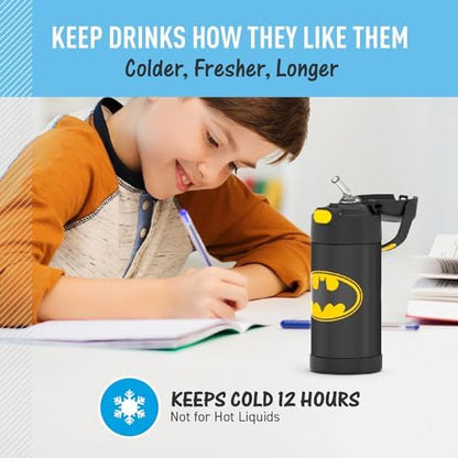 THERMOS FUNTAINER Water Bottle with Straw - 12 Ounce - Kids Stainless Steel Vacuum Insulated Water Bottle with Lid, Batman (Pack of 6)