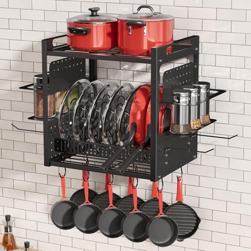 Wall Mounted 16" Pot Rack，2 Tier Kitchen Pots & Pan Organizer with 10 Hooks