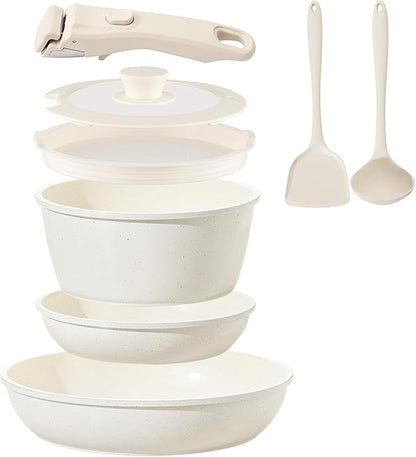 Ceramic Cookware Set Non Stick 8Pcs Pots and Pans Set Detachable Handle