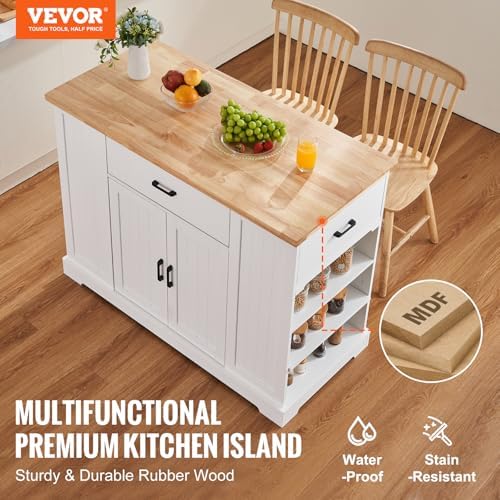 VEVOR 46" Wood Top Breakfast Bar with Storage Cabinet, Farmhouse Kitchen Table with Adjustable Shelf, Drawer, for Dining Kitchen Living Room, White