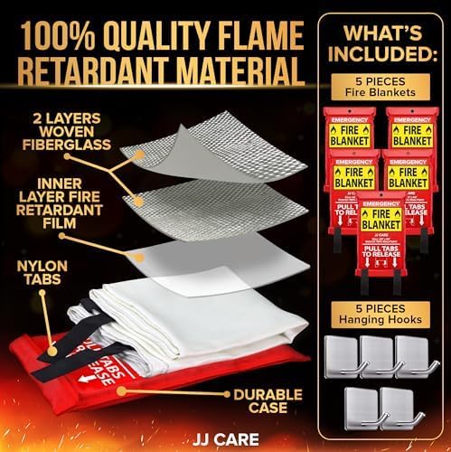 JJ CARE Fire Blanket ??5 Packs with Hooks ??40??x 40??Fire Blankets Emergency for Home and Kitchen, High Heat Resistant and Flame Protection for Kitchen, Car, Office, Camping & Home Safety