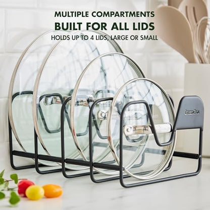 GreenPan Stainless Steel Wire Pots and Pans Lid Storage Rack, Holds 4 Lid Covers, Easy Storage, Countertop or Cabinent Organizer, Minimizes Clutter, Fast Drying, Wipes Clean, Black