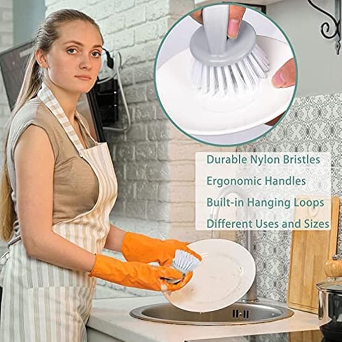 Dish & Bottle Brush Set, 4-Piece Kitchen Cleaning Brushes, Plastic Handles