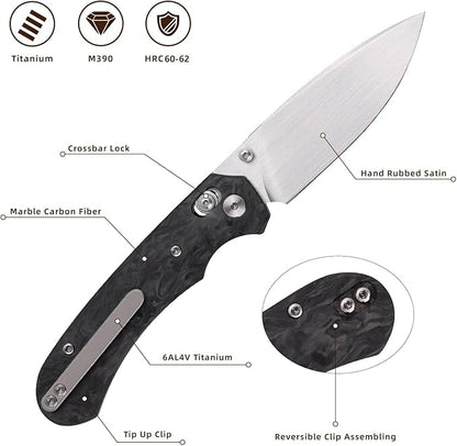 Folding Pocket Knife,3.31” M390 Blade,Erogonomic Titanium Handle,Hunting Survival Knife,EDC Knife for Hunting Camping Survival Outdoor Fishing Hiking（Black&Grey）