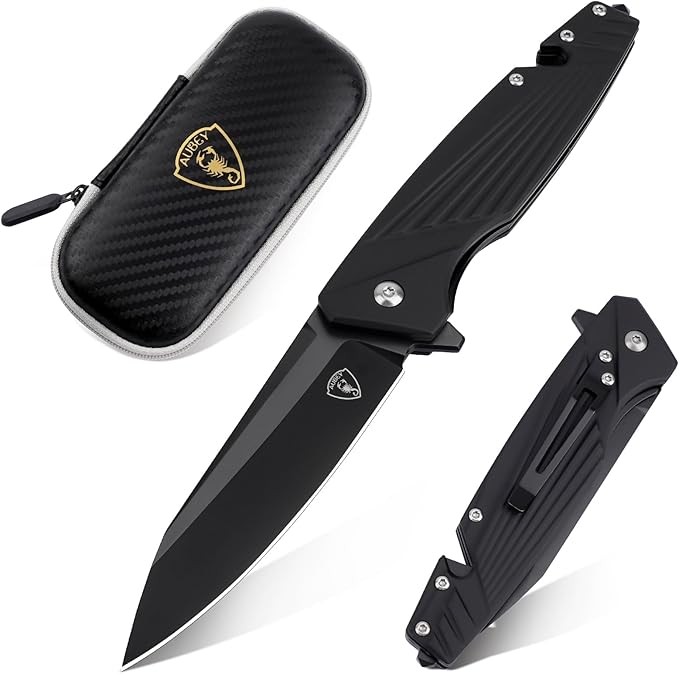 AUBEY Pocket Knife, 8Cr14Mov Steel Blade 3.54", 3-in-1 Folding Knife for Men, Tactical Multitool Knife with Glass Breaker Seat Belt Cutter for EDC Outdoor Survival Camping Hiking (Aluminum Handle)