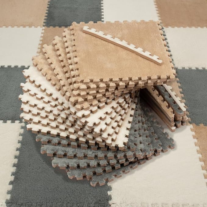 16 Piece Carpet Squares Puzzle Mat 49" x 49" Plush Interlocking Carpet Tiles, Foam Floor Tiles for Baby Play Mat - Kids Soft Play Mats Anti Slip Jigsaw Flooring Playmat Playroom Rug (Brown,Gray,White)