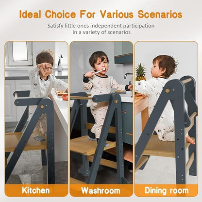 Toddler Tower, Foldable Step Stool for Toddlers, Toddler Kitchen Stool Helper with 3 Adjustable Height Safty Rail and Anti-Tip Structure, Learning Tower for Toddlers Kids Baby