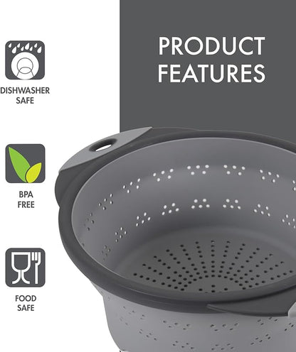 Dexas 10" Collapsible Silicone Colander in Cool Grey, Kitchen Strainer