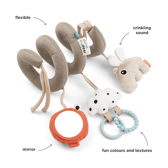 Done by Deer Baby Sensory Activity Spiral Happy Clouds, Sand - Soft Baby Toy with Crinkle Sound, Mirror, Teathers and Tactile Elements for Easy Mount on Cots, Car Seats, Strollers and Prams