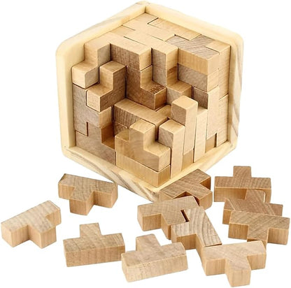 3D Wooden Brain Teaser Puzzle Cube Wooden Puzzles T-Shaped Jigsaw Logic Puzzle Game Puzzles Educational Toy for Kids and Adults (Natural)