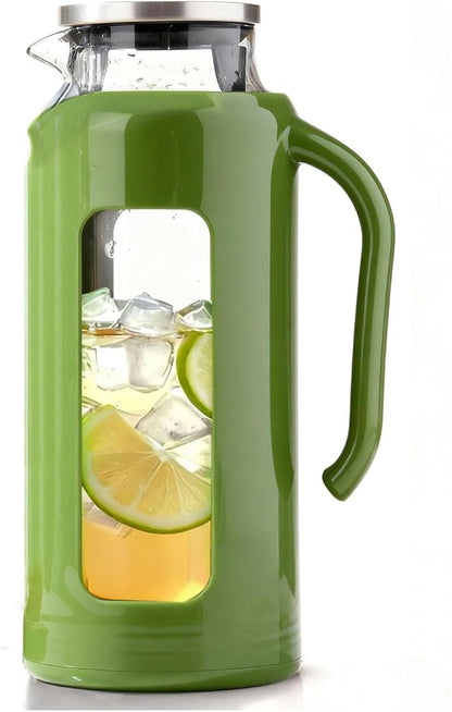 Delove Glass Pitcher with Lid & Shatterproof Shell – Heat-Resistant