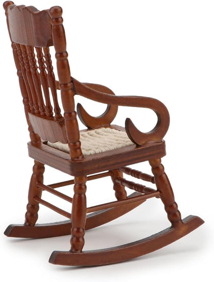 Dollhouse Miniature Rocking Chair 1:12 Scale Wooden Furniture Accessories Tiny Mini House Home Outdoor Cake Topper Decoration Model Living Room Scene Christmas Craft Displays (Brown)
