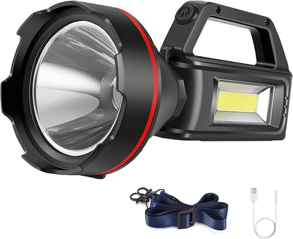Rechargeable Spotlight Flashlight, High Lumens Handheld Spotlight,LED Searchlight with Shoulder Strap and USB Output for During Hurricane,Emergency, Storms, Outages,Hunting, Hiking, Camping(Black1)