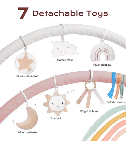 Baby Play Gym Mat, Tummy Time Activity Mat with 7 Detachable Toys and 12 Milestone Cards for Stage-Based Sensory and Motor Skill Development, Washable Play Mats for Infant, Newborn Baby Essentials