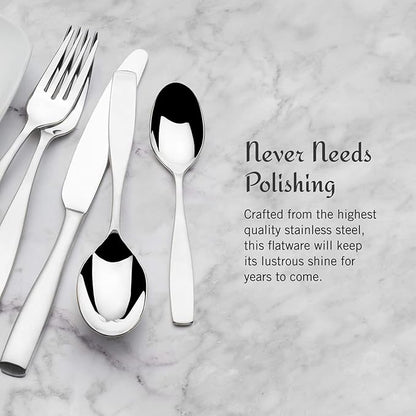 Mikasa Satin Loft 65-Piece Flatware Set for 12, 18/10 Stainless Steel Silverware with Forks, Knives, Spoons, and Serving Utensils, Durable and Elegant Design
