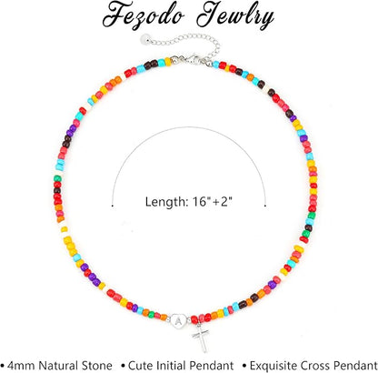 Colorful Initial Necklaces for Girls Women Kids - Teen Girls Gifts Trendy Cross Cross Beaded Initial Necklace Dainty Letter Gifts Choker Necklace for Girl Jewelry