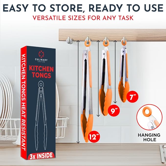 Kitchen Tongs for Cooking with Silicone Tips, Heat Resistant Tongs for Serving Food, 7-Inch, 9-Inch, 12-Inch Locking Silicone Tong, Set of 3 Salad Tong, Orange Kitchen Utensils