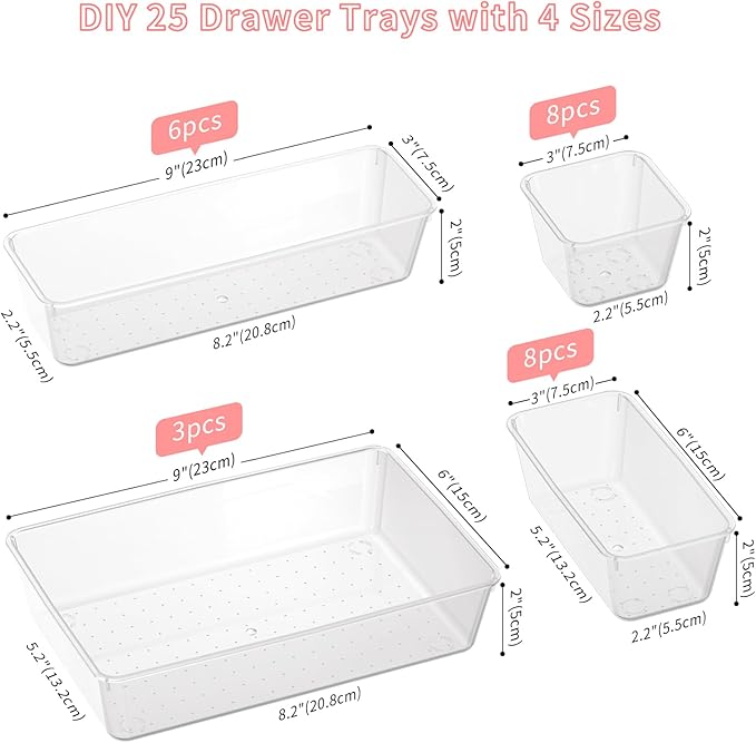 25 PCS Plastic Drawer Organizer Set, 4-size Clear Bathroom and Vanity Desk