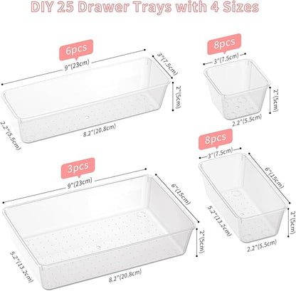 25 PCS Plastic Drawer Organizer Set, 4-size Clear Bathroom and Vanity Desk