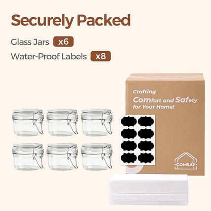 ComSaf 4oz Small Airtight Glass Jars Set of 6 with Lids Food Storage Jar Round, Mason Jar, Mini Storage Container with Clear Preserving Seal Wire Clip Fastening for Kitchen Canning, Jam, Spice, Honey