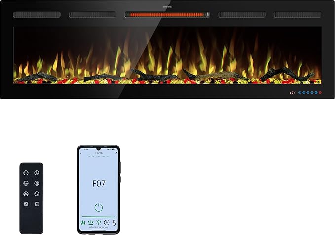 60" WiFi Electric Fireplace Inserts, Recessed and Wall Mounted Fireplace Heater