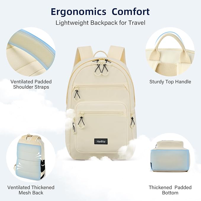 Carry On Travel Backpack For Women, 18 Inch Water Resistant Large Backpack Lightweight Bookbag For Men, 8x14x18 Personal Item Bag Casual Daypack Backpacks For Work Office Commuter (Offwhite)