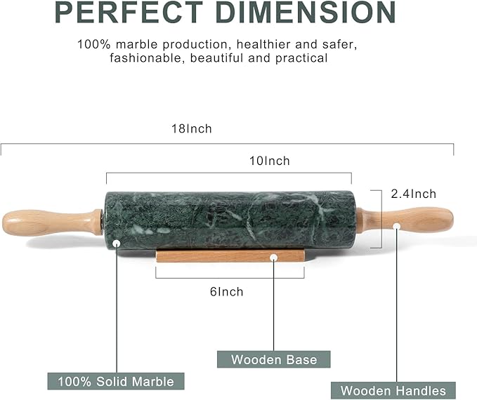 Koville Indian Green Marble Rolling Pin, Non-Stick Stone Dough Roller, 18 Inch