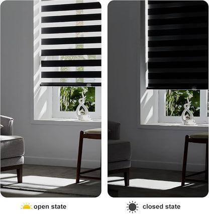 Persilux Cordless Zebra Blinds for Windows Free-Stop Roller Windows Shades (34" W X 47" H, Black) Dual Layer Light Control for Day and Night, Light Filtering Sheer Shades for Home, Easy to Install