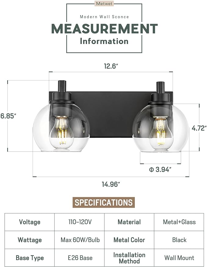 METWET Bathroom Light Fixtures, 2 Light Matte Black Vanity Light, Modern Wall