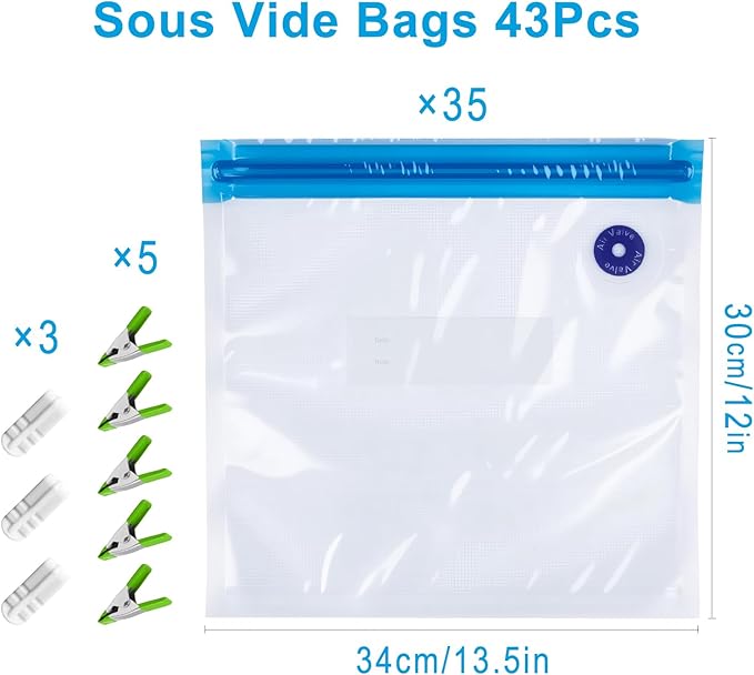 Reusable Sous Vide Bags 43Pcs BPA-Free, 4.3L Vacuum Sealer Bags for Cooking & Microwave, 35 Zipper Bags, 3 Seal Clips ＆ 5 Cooking Clips, Heat-Resistant & Leakproof (12x13.5in)