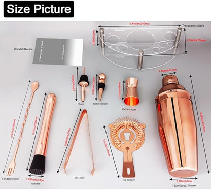 Cocktail Shaker Set with Stand, Cocktail Shaker Bartender Kit: Bar Tool Set, Drink Mixing Includes Martini Shaker,Strainer,Jigger,Bar Mixer Spoon,Muddler, Pourer, Bottle Stopper (Rose Gold)