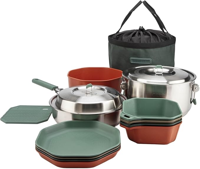 Gerber Gear ComplEAT Cook Set - Dishwasher-Safe Camping Cookware for Outdoor Cooking - Includes Saute Pan, Stock Pot, 4 Plates, 4 Bowls, Mixing Bowl & More