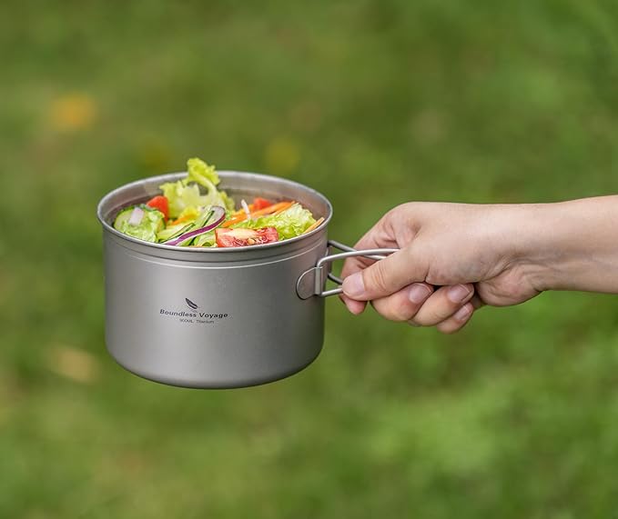 iBasingo Titanium Pot Pan Set with Folding Handle - Ultralight Portable Outdoor Cookware Mess Kit for Camping, Picnic, Travel & Backpacking (1080ml Soup Pot, 900ml Cup, 500ml Frying Pan)