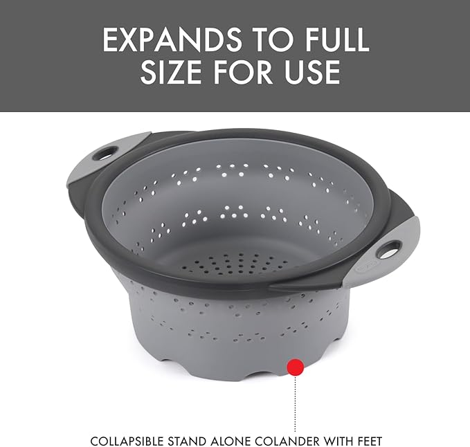 Dexas 8" Collapsible Silicone Colander in Cool Grey, Kitchen Strainer