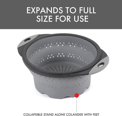 Dexas 8" Collapsible Silicone Colander in Cool Grey, Kitchen Strainer