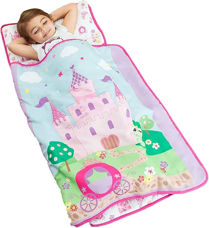 EVERYDAY KIDS Toddler Nap Mat with Removable Pillow -Princess Storyland- Carry Handle with Fastening Straps Closure, Rollup Design, Soft Microfiber for Preschool, Daycare, Sleeping Bag -Ages 2-6 years