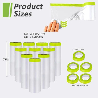 Pre-Taped Masking Film-55inx65ft Tape and Drape Painters Paper Rolls, Plastic Painting Film for Automotive Painting Covering （Masking Film:10rolls,Tape:5rolls）