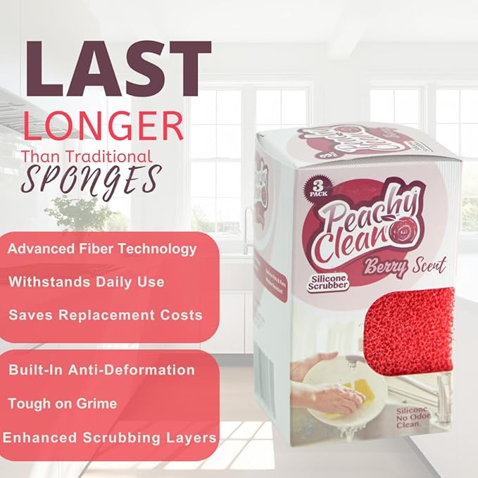 Peachy Clean Silicone Dish Sponge Scrubbers, Fresh Berry Scent, Non-Scratch