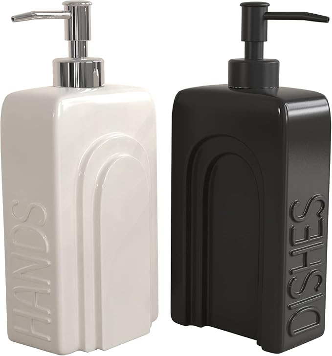 Soap Dispenser Set with Funnel, Non-Slip Silicone Pads, 2 Pack Ceramic