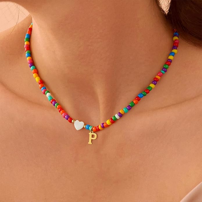 Colorful Initial Necklaces for Girls Women Kids - Teen Girls Gifts Trendy Beaded Initial Necklace Dainty Letter Gifts Choker Necklace for Girl Jewelry