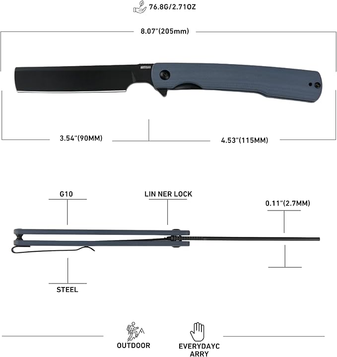 ARTISANCUTLERY Orthodox V2 Folding Knife, 3.54" AR-RPM9 Steel Blade G10 Handle Pocket Knife for Men Women Camping Hiking, 1883P Blue(New Version)