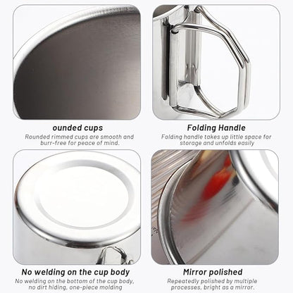 Stainless Camping Cup, 350ml Stainless Steel Camping Cup with Lid and Foldable Handle, High Temperature Direct Heating, Great for Backpacking
