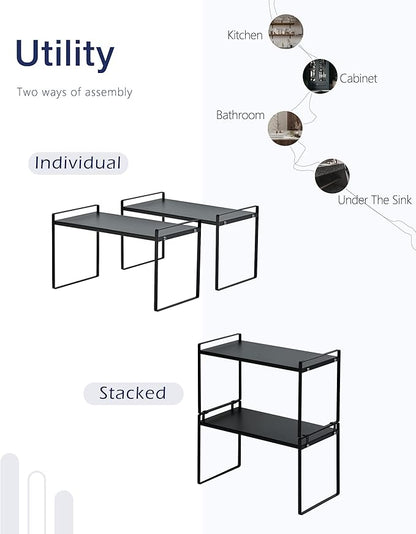 Nxconsu 2Pack Cabinet Shelves Stackable Organizer Rack Riser for Kitchen Cabinet Pantry Cupboard Counter Countertop Home Organization Storage Space Saver Heavy Duty Metal Nonslip Black Tall